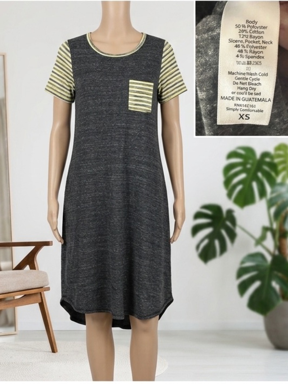 LuLaRoe Carly Heathered Gray T-Shirt Dress Striped Sleeve Accent Size XS (2-4)